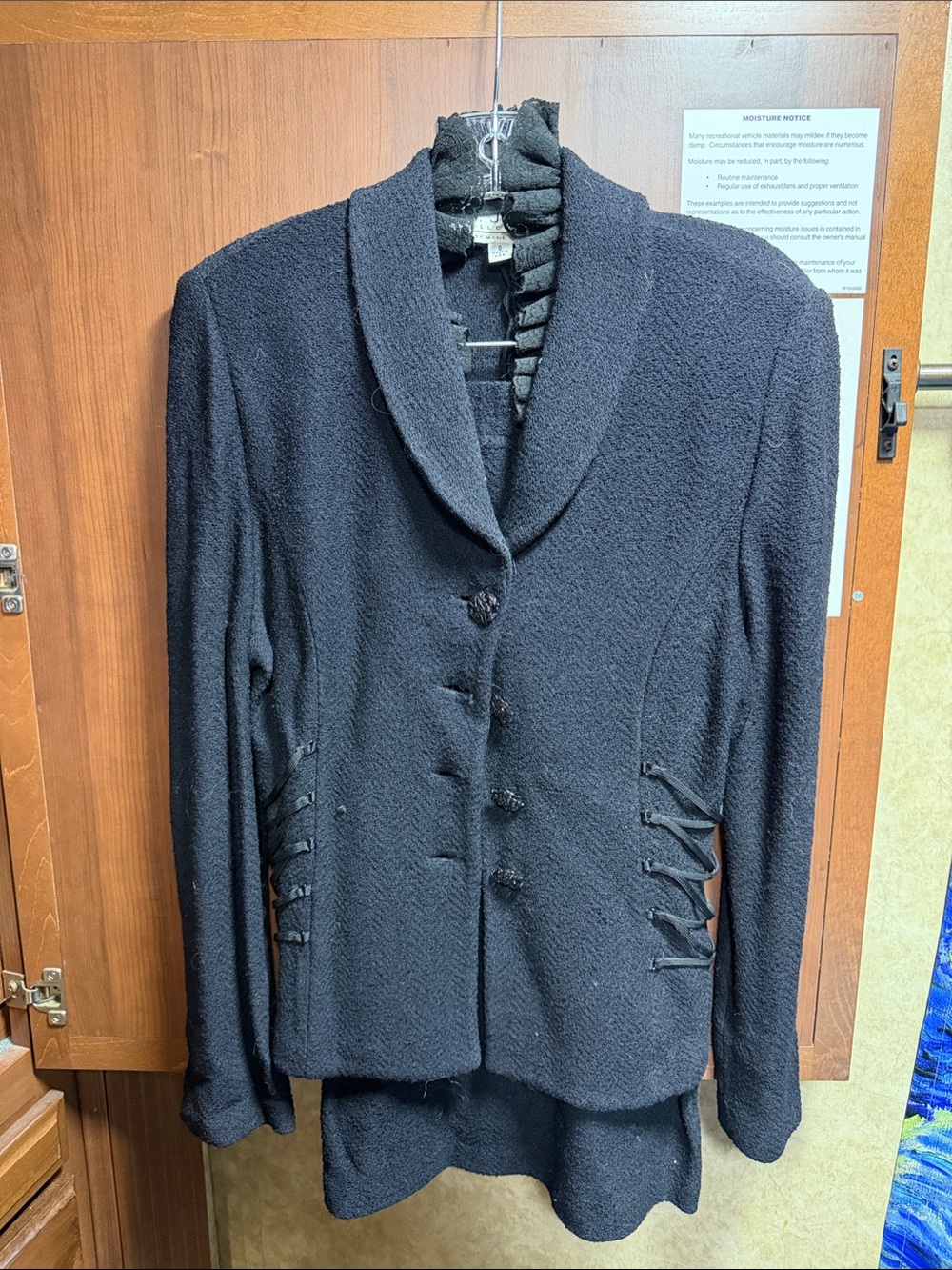 St. John black skirt suit with ruffle collar